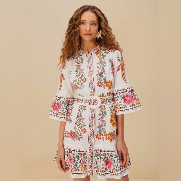 FARM Rio Dresses & Skirts - FARM Rio White Floral Embroidered Mini Dress with Pink & Orange Accents